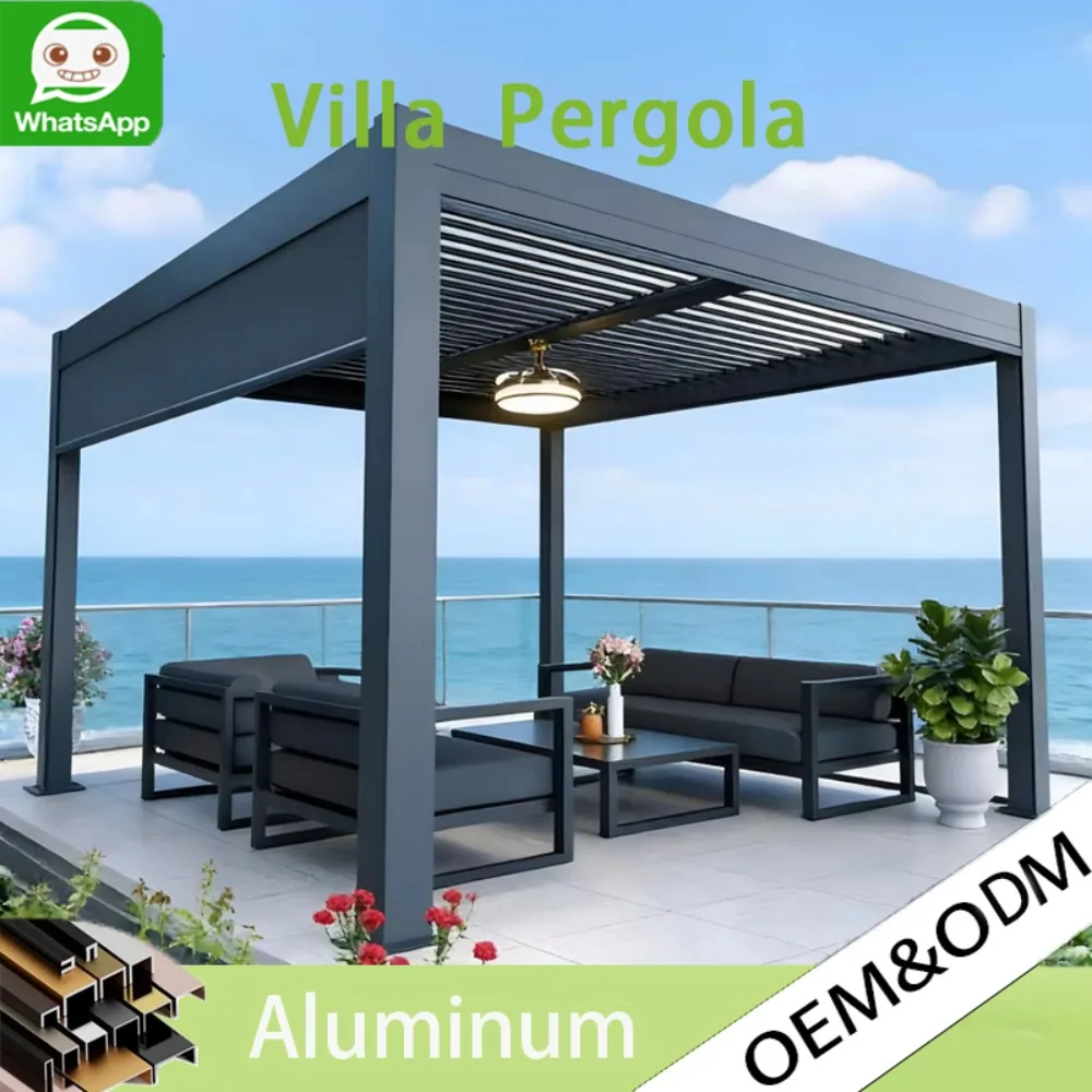Motorized Aluminum Louvered Pergola Powder Coated, Waterproof Adjustable Outdoor Gazebo Canopy Slatted Roof for Garden Patio