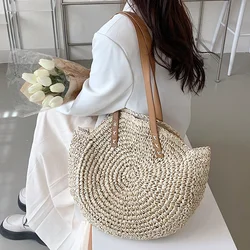 Hollow Woven Straw Bag Round Vacation Shoulder Bag Large Capacity Simple Round Woven Beach Shoulder Bag Casual Travel Tote 2024