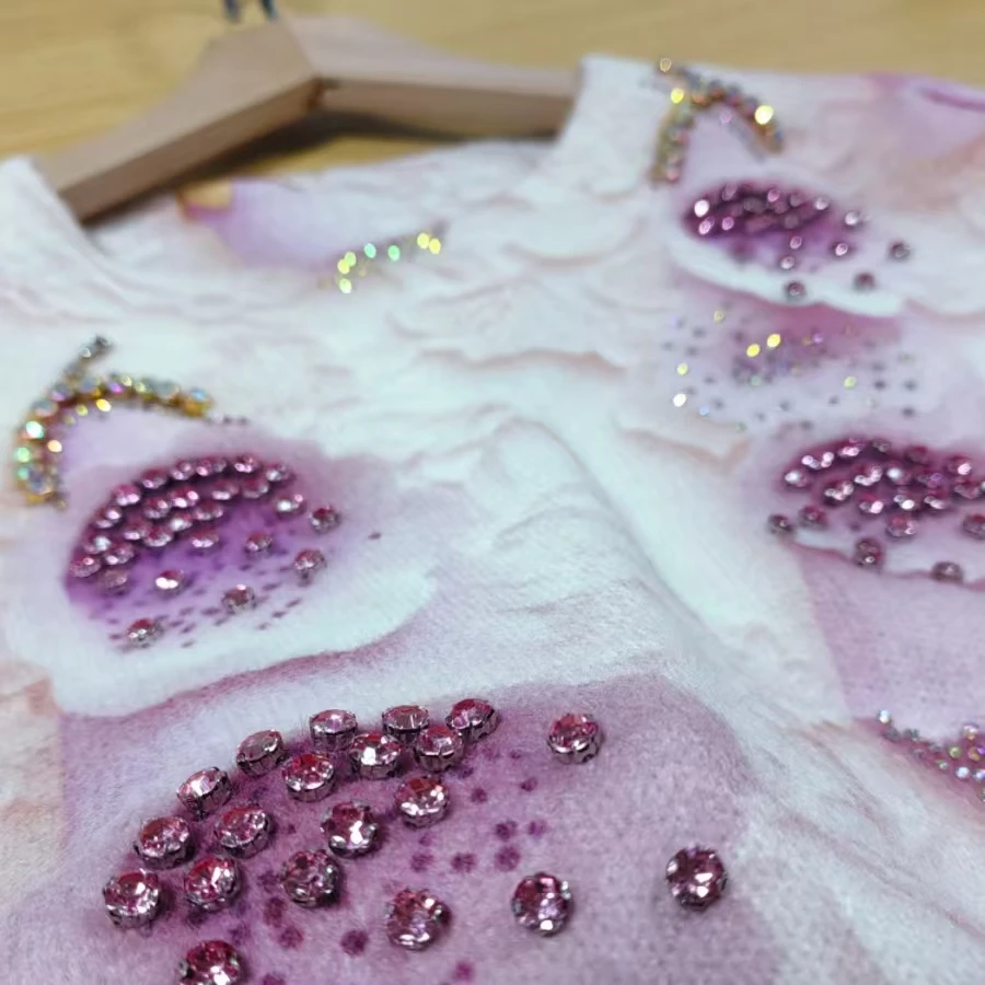 Real Photos High Street Sparkling Diamonds Stones Stitch Autumn Winter 2026 Soft Sweaters Women's Casual Knitwear Pullover Tops