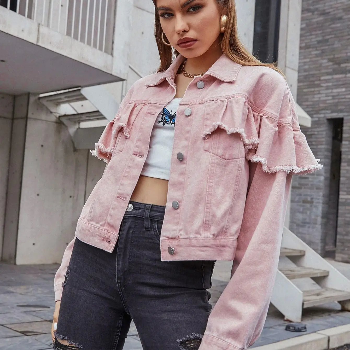 Chaqueta Corta de Mezclilla para Mujer, Abrigo Informal de Otoño, Nuevo Estilo, Corte Entallado, sor Regular, Mezcla de Te...