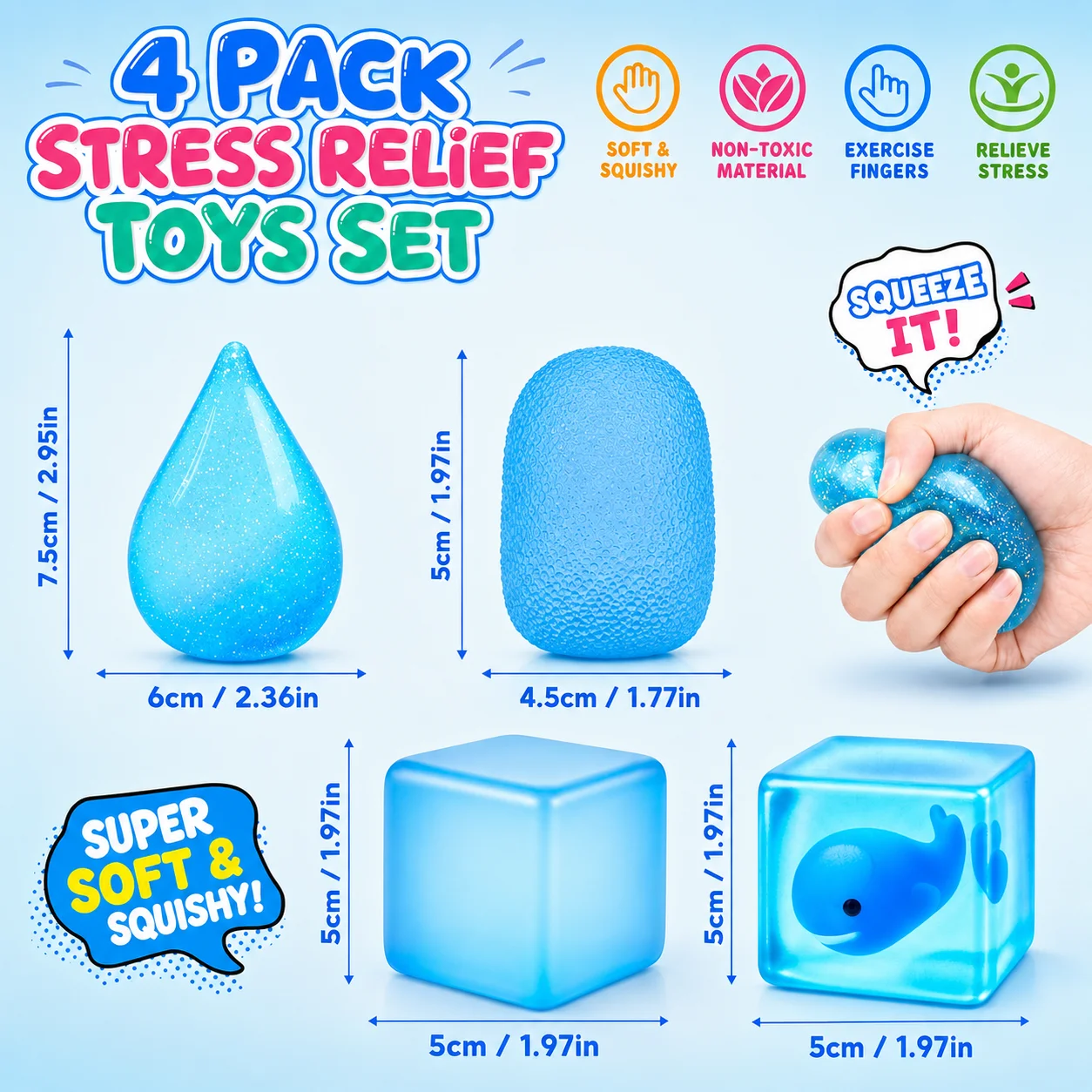 4 PCS  Squishy Stress Relief Blue Ocean Style Toy Soft Squeeze Fidget Toys Cute  Sensory Stress, for Anxiety and Focus