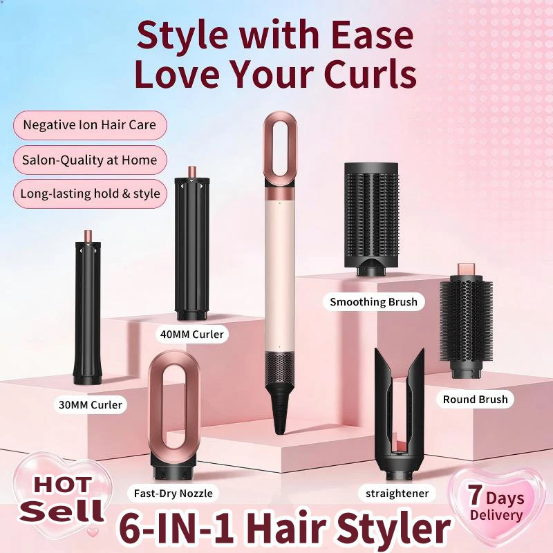 6 IN 1 Multil Hair Styler & Hair Dryer Brush With Air Auto-Wrap Curlers Fast Drying Frizz-Free Volume Styler Set Gift For Womem