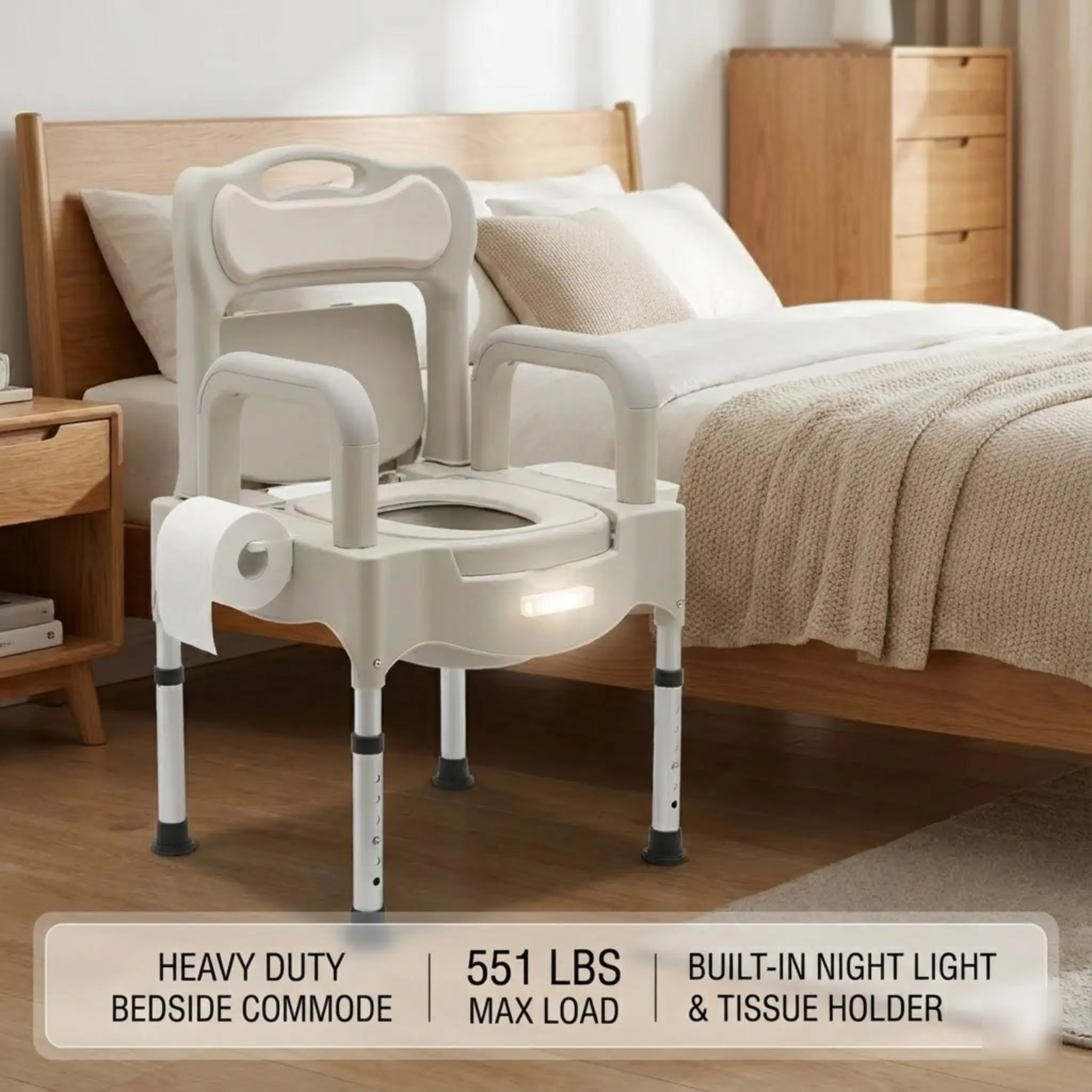 كرسي ريا وايت شديد التحمل بجانب السرير، ارتفاع قابل للتعديل، ضوء ليلي لكبار السن #2