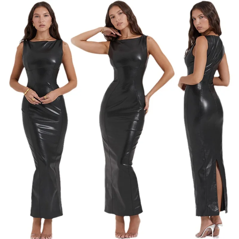 Women Faux Leather Maxi Dress Stretch Bodycon Square Neck PU Tank Dress Hem Split Shoulder Belt Pleated Party Clubwear