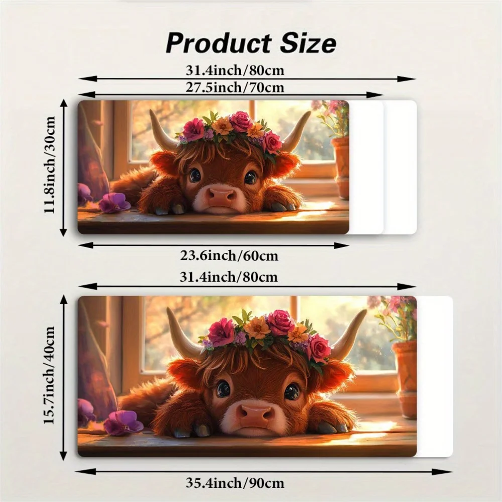 Cute Highland Cow Floral Crown Extended Desk Mat Durable Rubber Gaming Mouse Pad Keyboard Mat