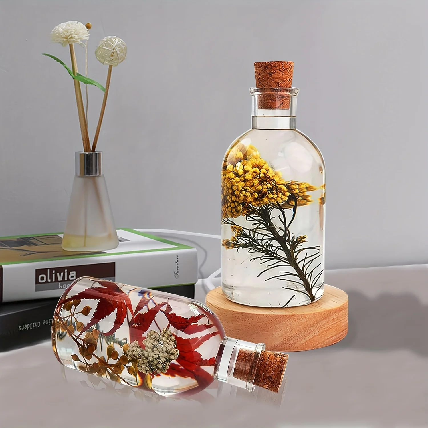 Drift Bottle Light Resin Mold Set, Led Lampshade Silicone Resin Mold, with a Usb-Powered Wooden Lighting Base and Five Wooden Cork Stoppers, Suitable for DIY Desktop Crafts, Parties, Weddings, Table Lamps, and Home Decoration Furnishing Ambiance, Creative Gifts, Holiday Gifts, Gifts for Family and Friends, Bedside Night Light - view 6
