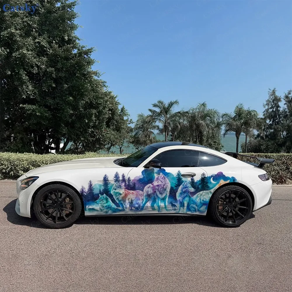 2pcs Arctic Light Wolf Pack Car Side Wraps, Self-Adhesive PVC Waterproof & Scratch-Resistant Stickers, Car Accessory Gift