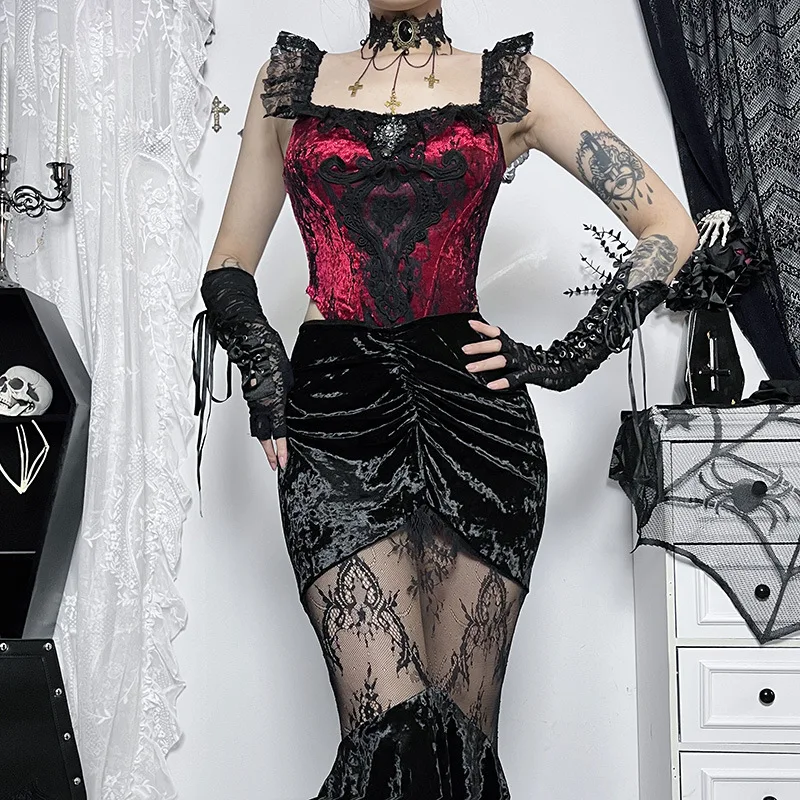 Goth Dark Ruched Vintage Gothic Aesthetic Velvet Skirts Grunge Mesh Splice Sexy Mermaid Skirt Women High Waist Elegant Partywear