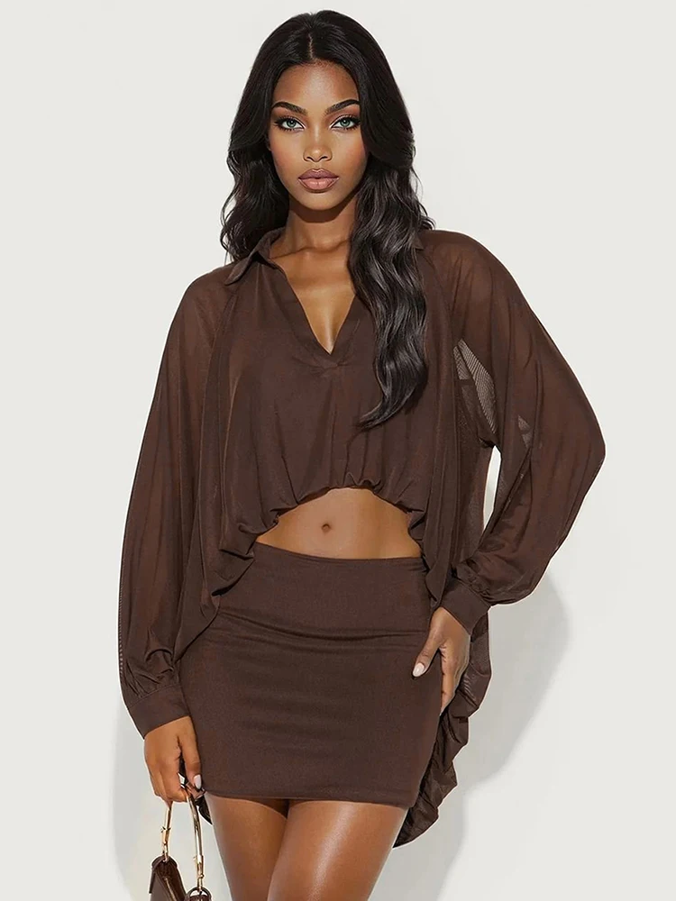 Nibber بسيط شبكة 2 قطعة مجموعة النساء التلبيب غير النظامية الشباك حافة الخامس الرقبة قميص + الخوخ الورك تنورة مطابقة ملابس عادية سليم #3