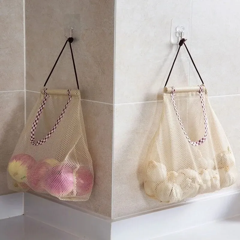 

2Pcs Kitchen Storage Mesh Bag Fruit Garlic Ginger Hanging Creative Wall-Mounted Breathable Hollow Organizer Household Supplies