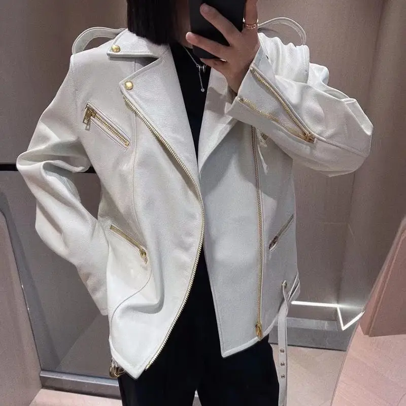 Autumn Winter Leather Coat Motorcycle Style Button Design Sheepskin Jacket  Ladies Oversize Women\'s Genuine Leather Oversize