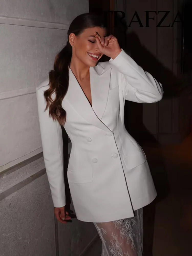 

TRAFZA Women New Fashion Solid Lapel Double-Breasted Slim Blazer Coats+Temperament Translucent High Waist Zipper Long Skirt Suit