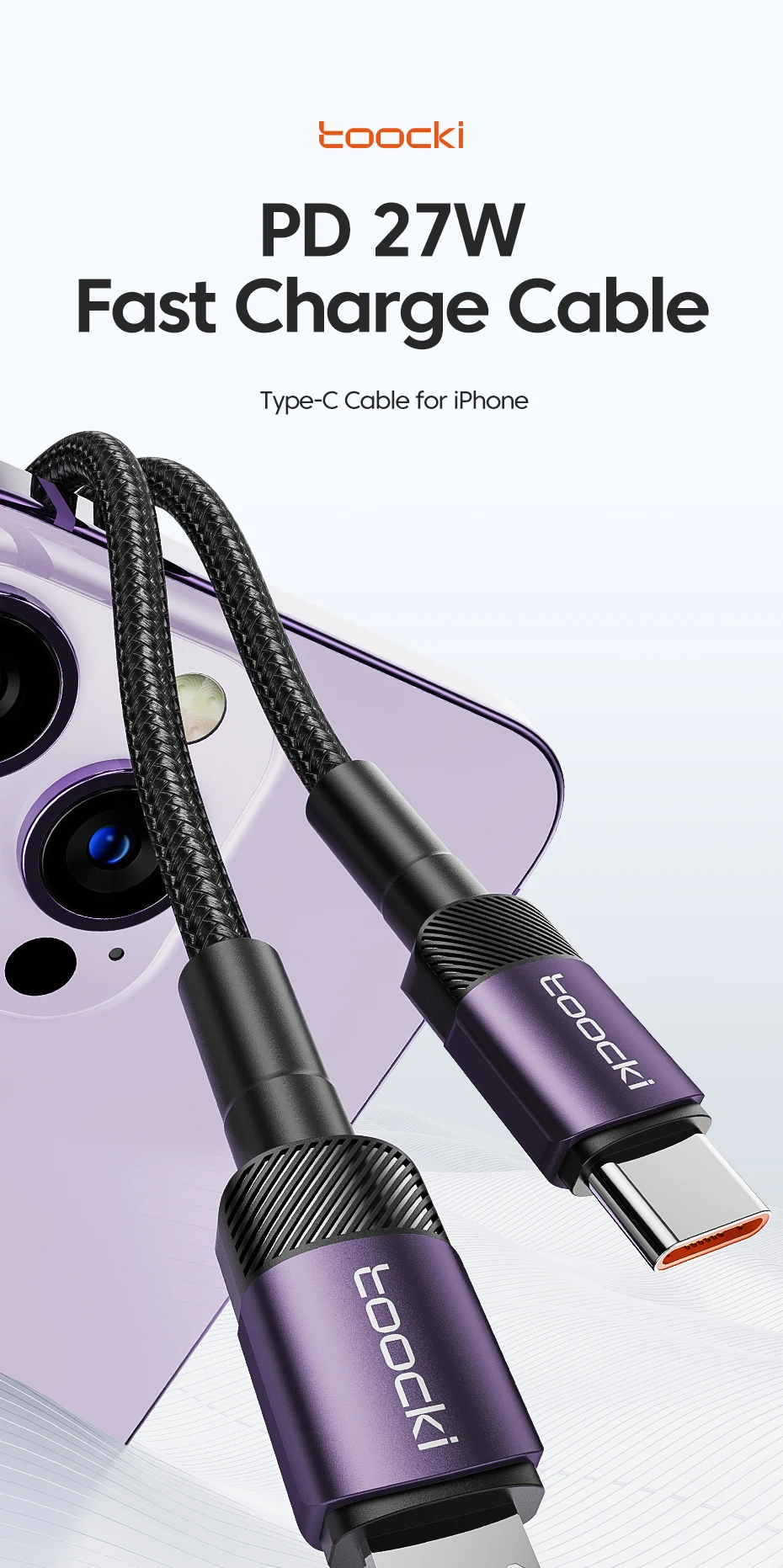 Toocki PD 27W Cable for iPhone 14 13 12 11 Pro Max 8 7 Plus Macbook 2.4A Fast Charging USB C to Lighting Cable Data Wire