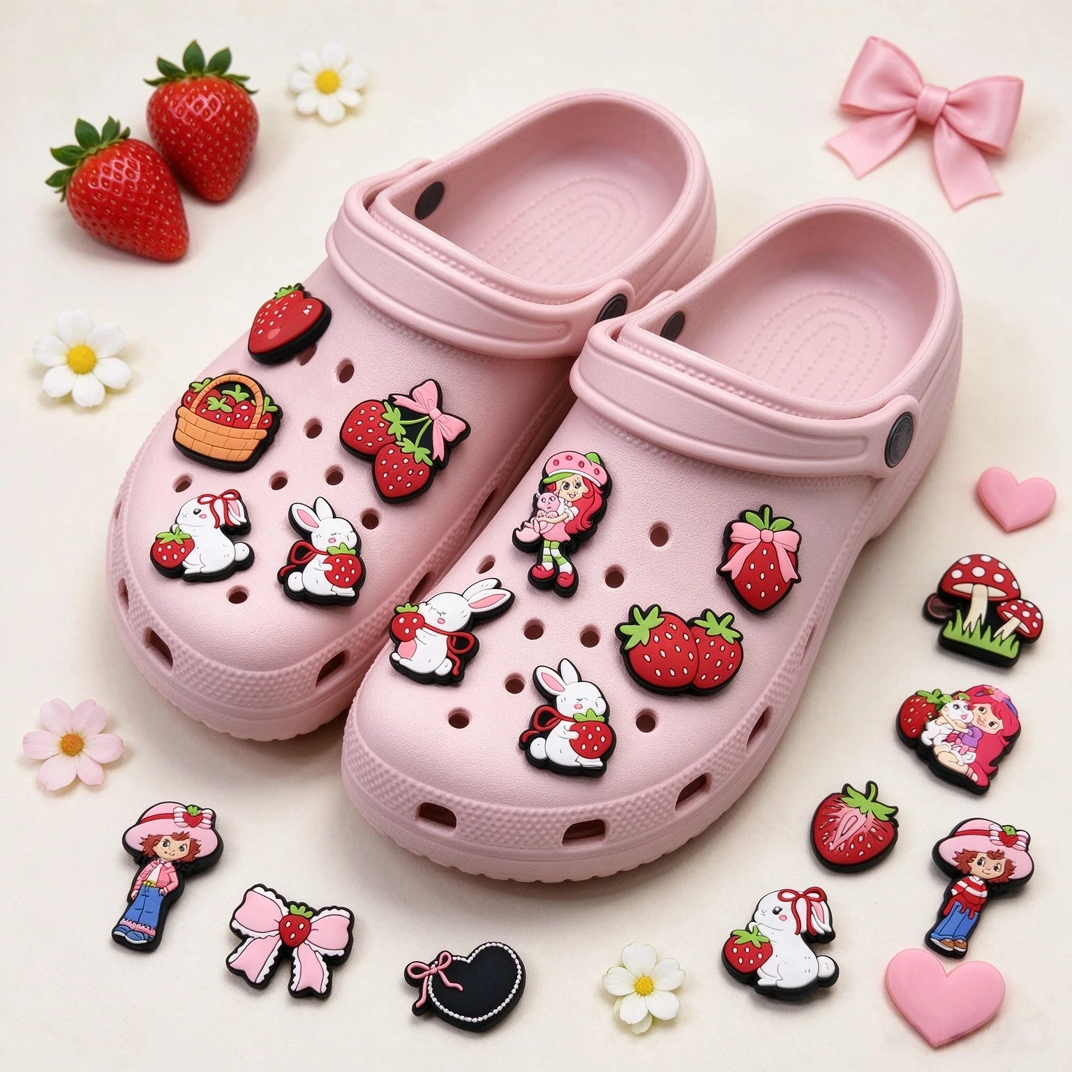 25-100pcs Strawberry Rabbit Shoe Charms PVC DIY Shoes Decoration Garden Sandal Accessories Buckle for Woman Party Gifts