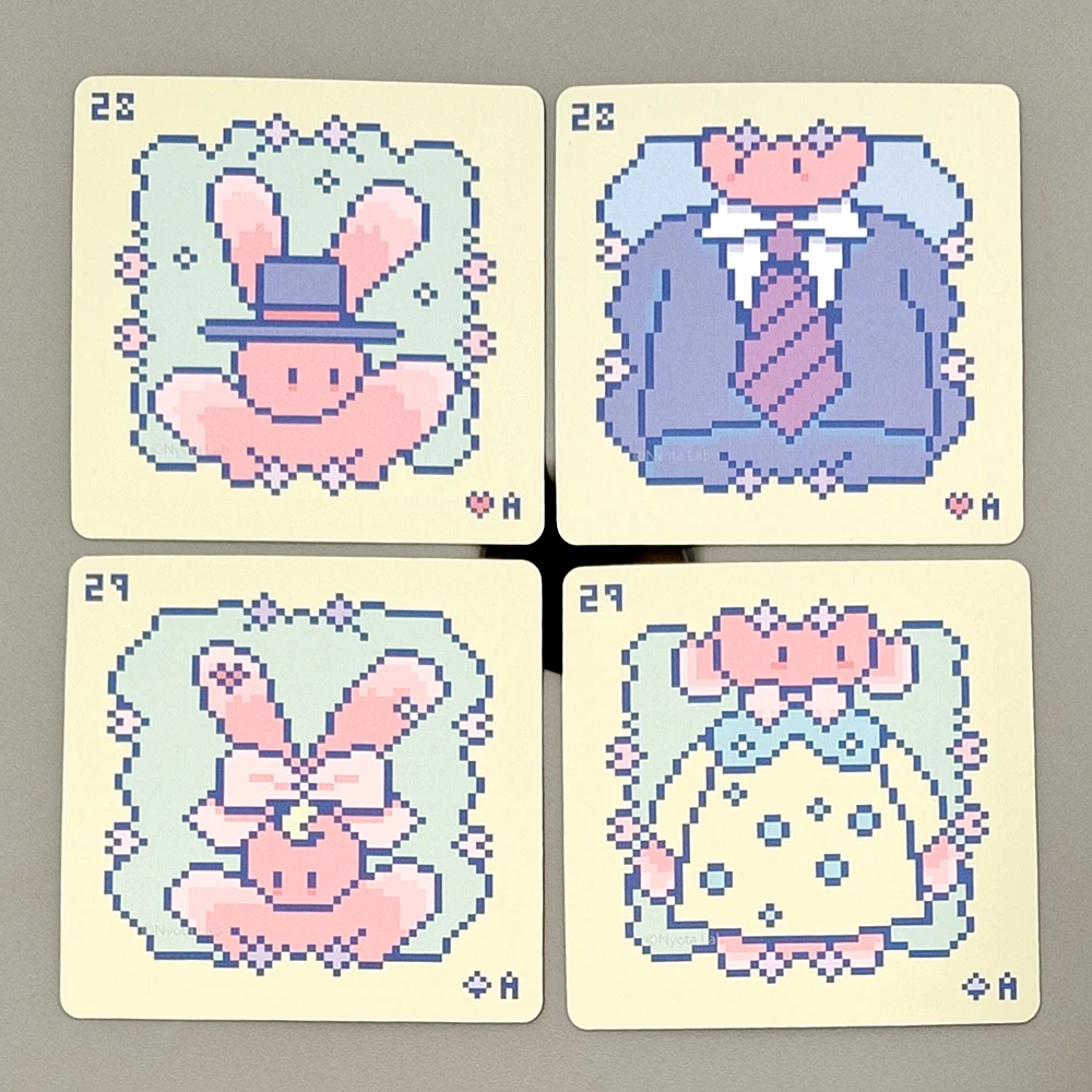 Kawaii Pixel Art Pinkish Lenormand Deck 7 x 7 cm – 42 süße Kaninchen-Orakelkarten für Wahrsagerei, quadratisches Mini-Deck, geprägter Karton