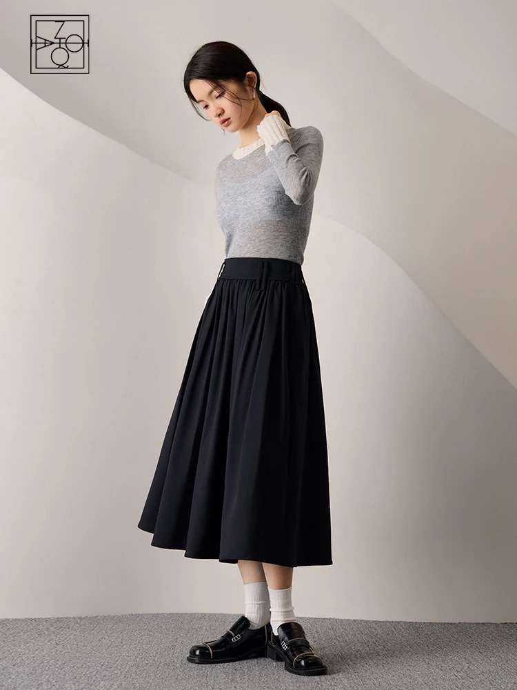 

ZIQIAO Commuter A-line Skirt for Women 2023 autumn New Style Pleated Hip-covering High-waisted Thin Umbrella Skirts Female