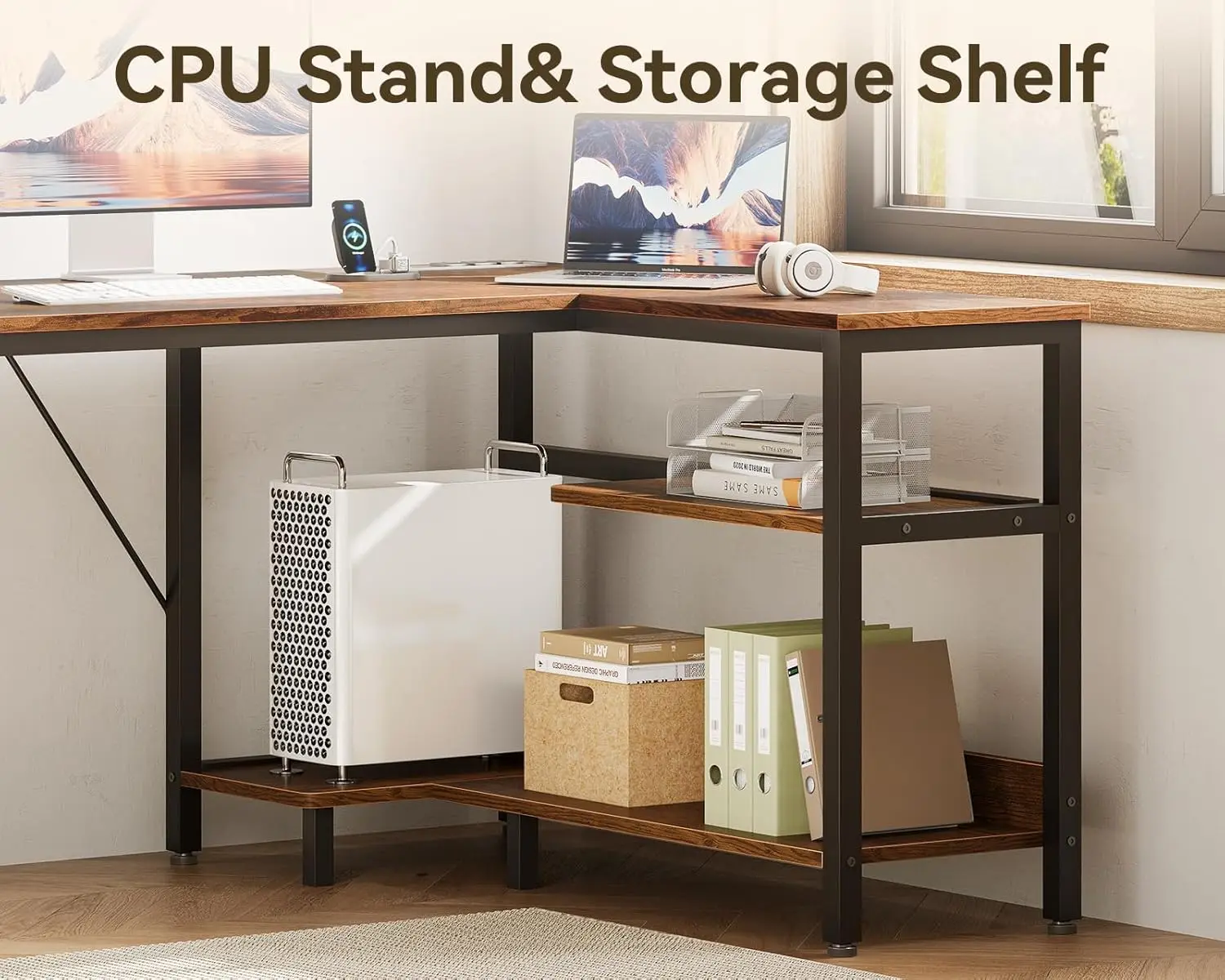 Reversible L-Shaped Desk with Storage, CPU Stand & Power Outlets - Rustic Brown Home Office Corner Desk