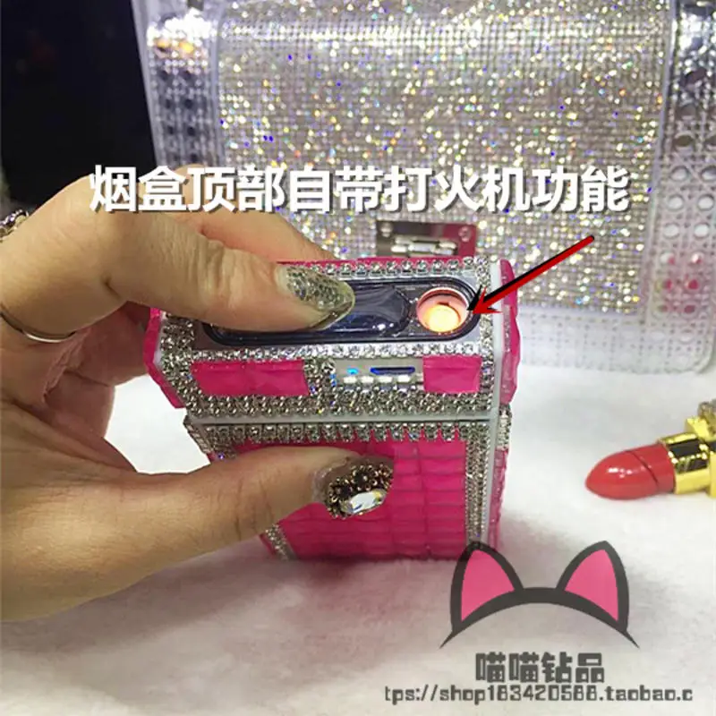 Diamond Shiny Cigarette Case with USB Charging Lighter Suitable for Ordinary 7.6mm Slim Cigarettes 5.2mm