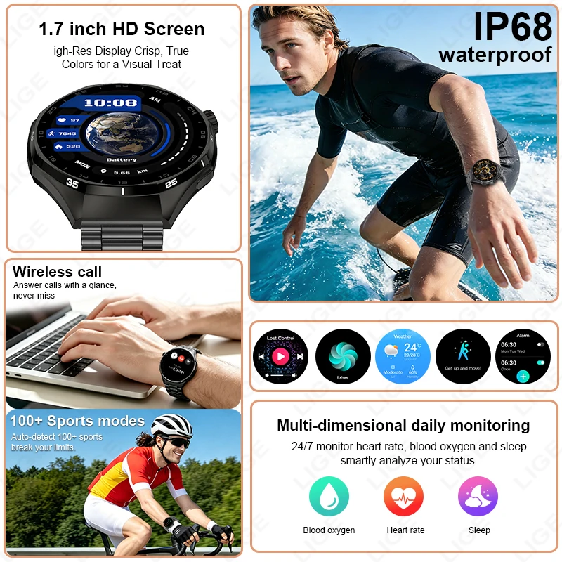 LIGE New 1000mAh battery Smart Watch Military Outdoor smartwatch LED Flashlight Waterproof Heart Rate Bluetooth Call Sport Watch
