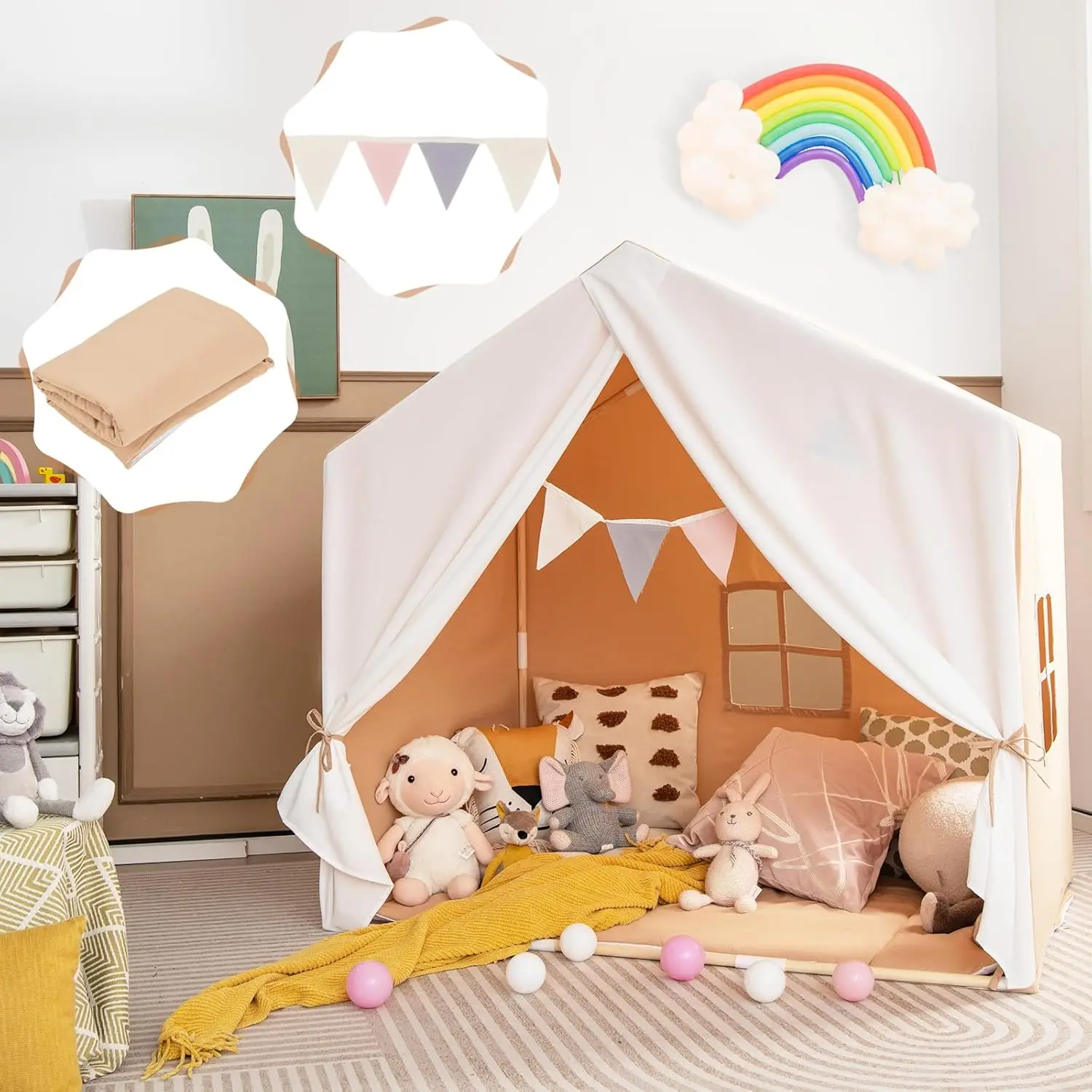 Kids Play Tent, Toddler Tent Indoor Playhouses with Mat, Windows, Curtain, Solid Wood Frame, 52" x36" x 52", Large Children Prin