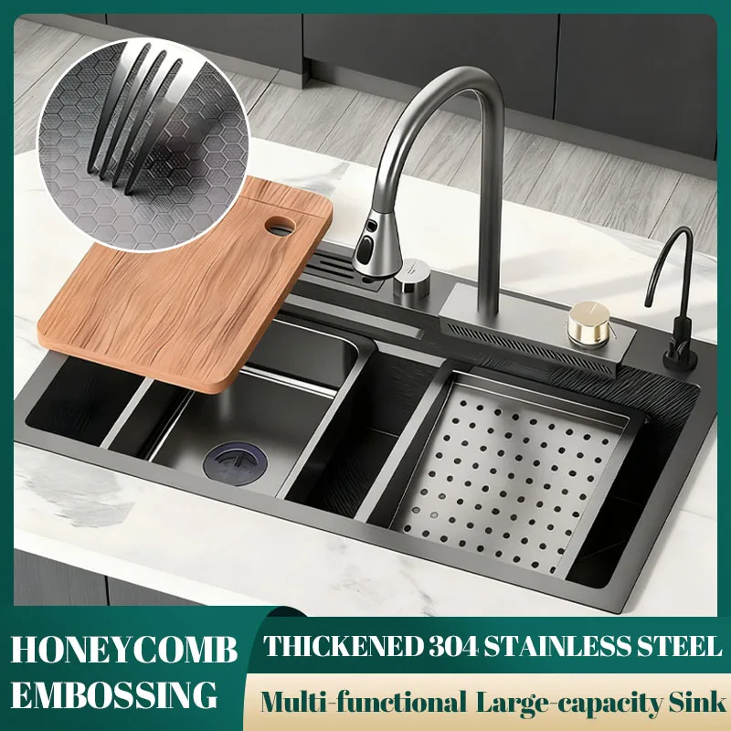 

304 Stainless Steel Thickened Kitchen Sink Thermal control knob Rainwater flow Pull-out tap Built-in knife holder