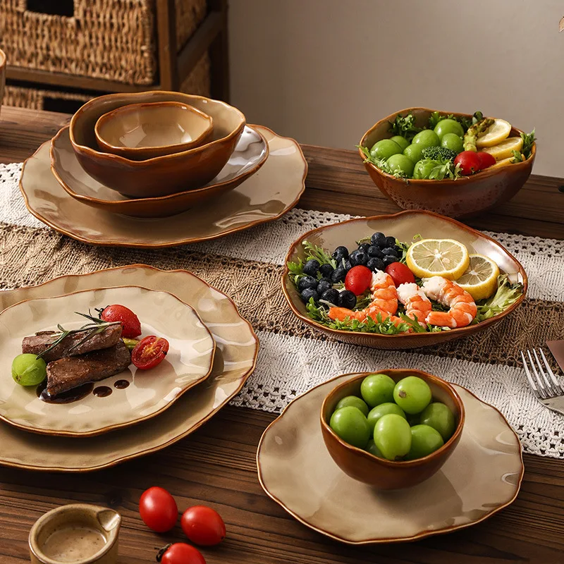 Kiln Changes Ceramic Plate Salad Plate Dessert Snack Plate Pasta Dish Steak Plates Serving Plates Molecular Cuisine Tableware