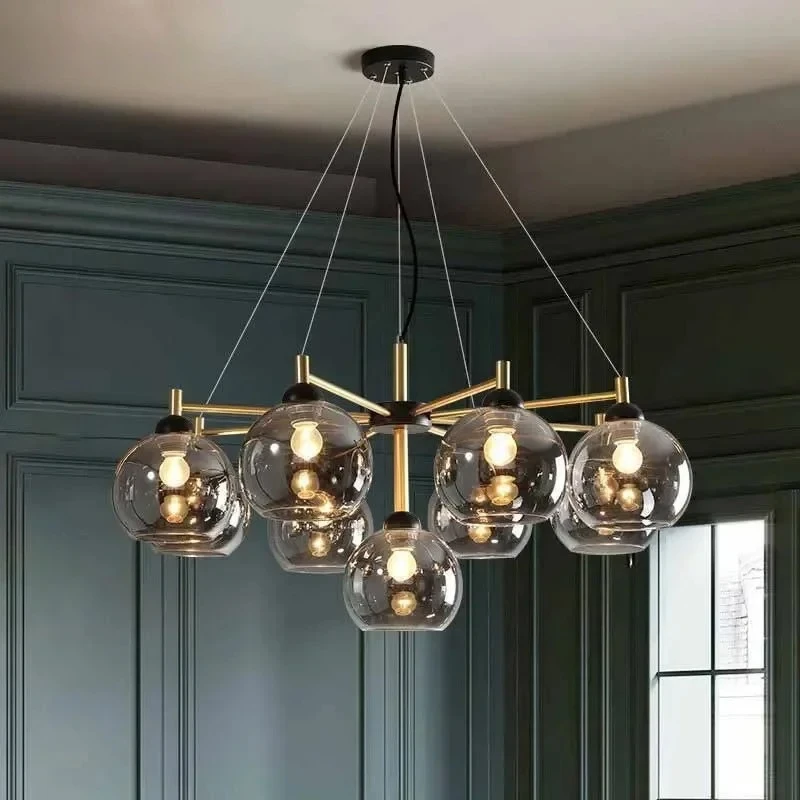 Modern Smoke Grey/Amber Multi Head Glass Cover Chandelier Creative Dining Room Bedroom Living Room Decoration Pendant Light