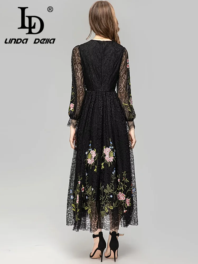 Gedivoen Summer Fashion Runway Designer Dresses Women\'s Vintage Lace Flowers Embroidery Sequins Party Temperament Sexy Dresses