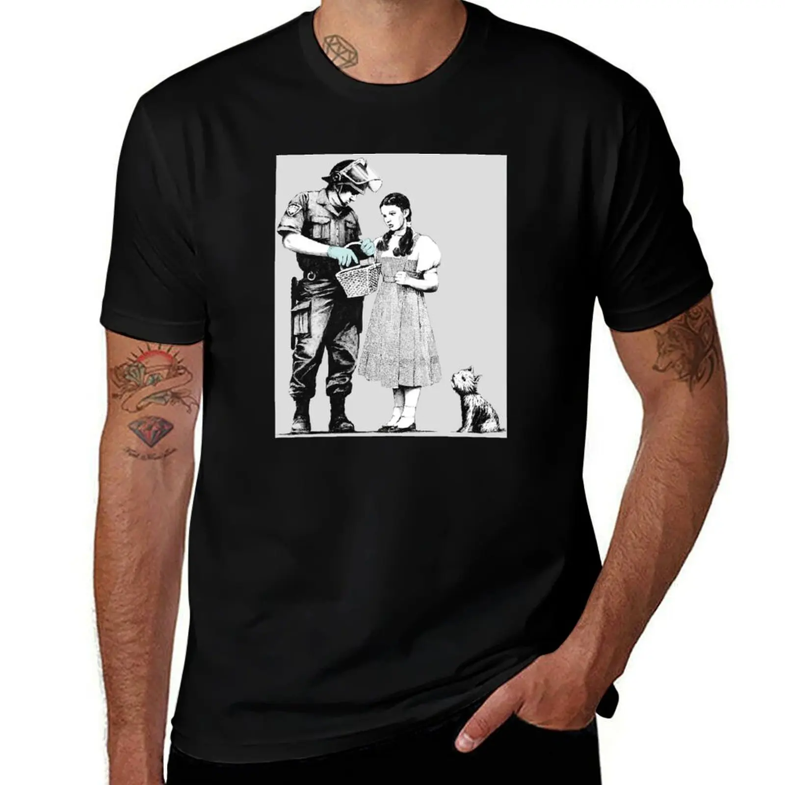 

Banksy Stop and Search Dorothy and Toto and police officer Street art graffiti T-Shirt Simple Line Art Print Tee