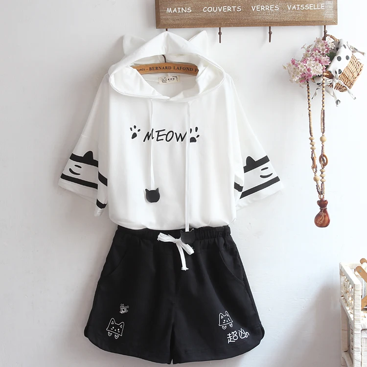 Cute  Claw Embroidery Ear Hat Sweatirt Loose Fit Summer Hat T-irt Set for Boys And Girls Student Soft Girl  Claw