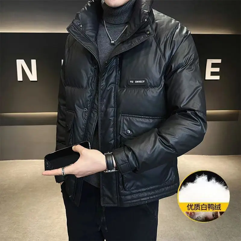 Jaket Musim Dingin Pria Premium Merek Mewah Kerah Tegak Minimalis Jaket Bulu Angsa Putih Jaket Trendi Pria Jaket Puffer