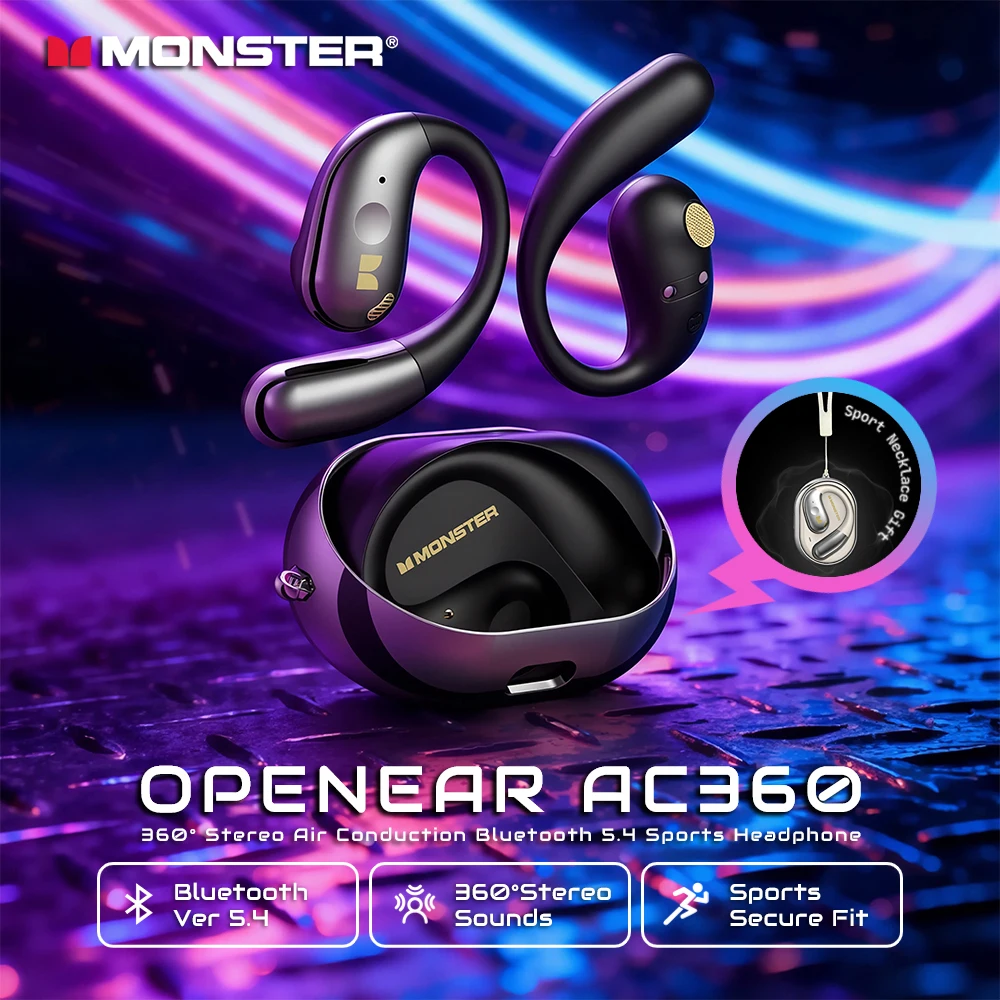 Auriculares Monster Open Ear AC360 de Conducción Aérea, Bluetooth 5.4, Auriculares Inalámbricos Verdaderos 360 ° Auriculares Deportivos Inalámbricos Estéreo OWS