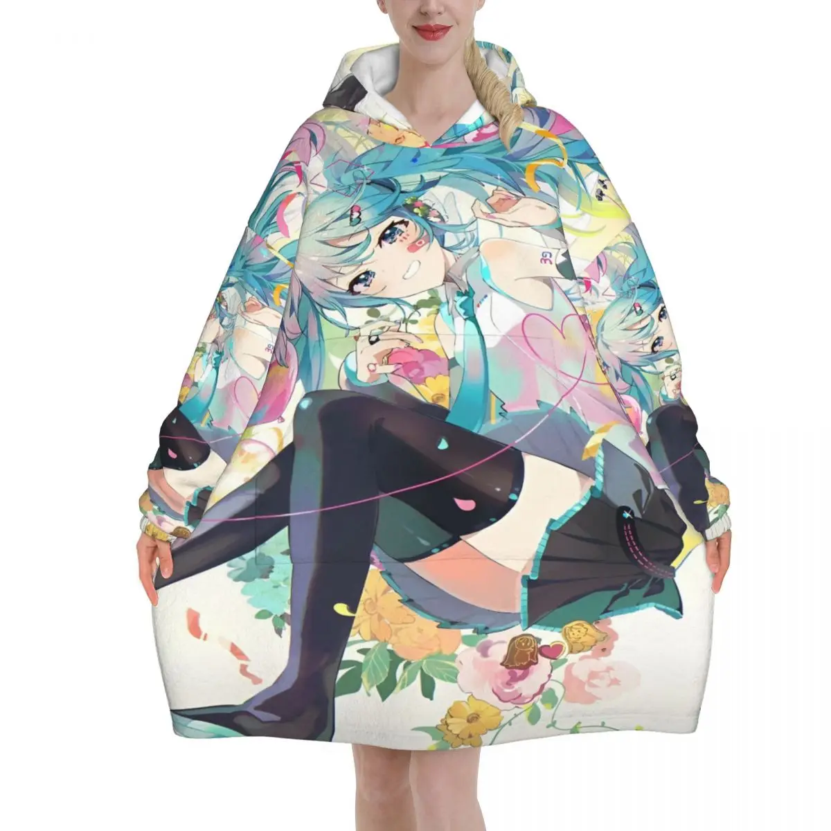 

Oversized Hatsune Miku Wearable Blanket Gifts for Women Men Ultrasoft Plush Warm Sweatshirt Blankets With Pocket