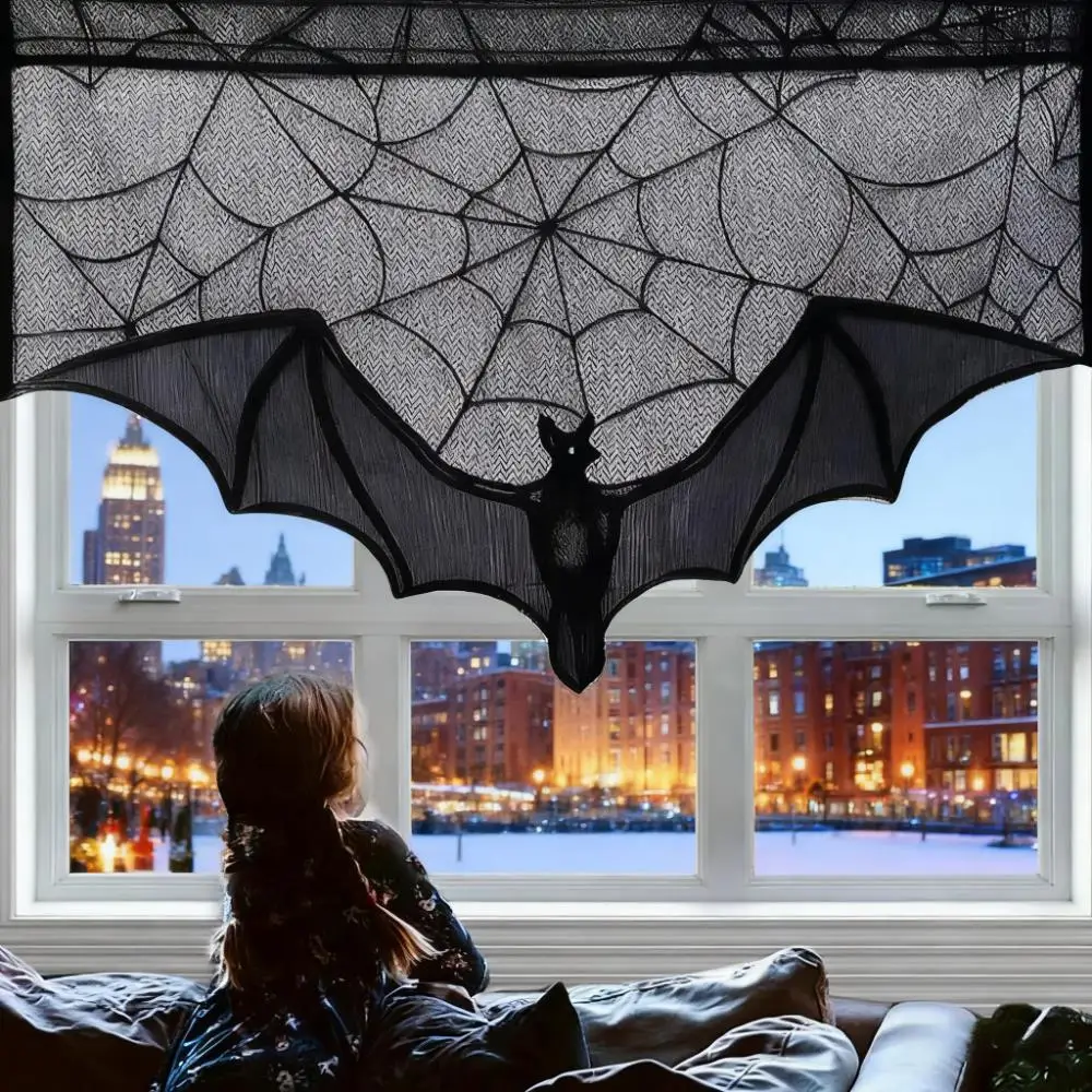 1pc Lace Curtain Black Bat Spider Halloween Tablecloth Fireplace Mantel Scarf Cover Halloween Home Room Cobweb Horror Decoration