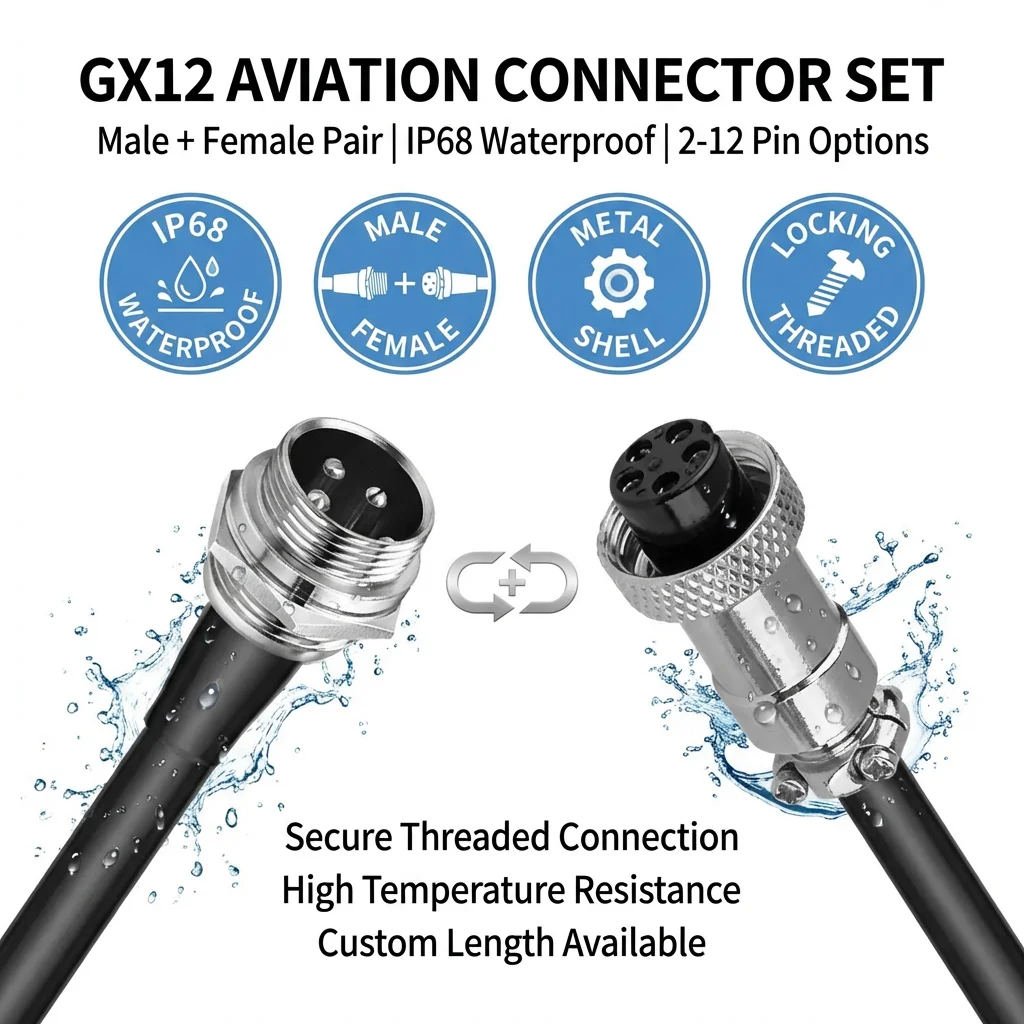 1Pcs GX12 Waterproof Aviation Connector with Wire, 2-7 Pin Male Female Cable Plug for Industrial Machinery & Equipment