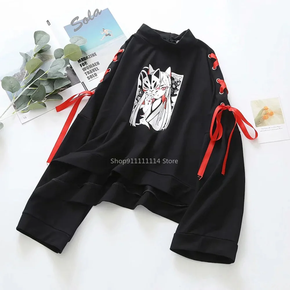 

Anime Fox Printed Women Hoodie Skirt Clothing Ribbon Costume Lolita Girl' T Shirt Harajuku Spring Black Top Skirt Halloween Gift