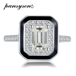 Luxury 100% 925 Sterling Silver 1CT 5*7MM Emerald Cut High Carbon Diamond Black Border Gemstone Ring for Women Man Party Jewelry