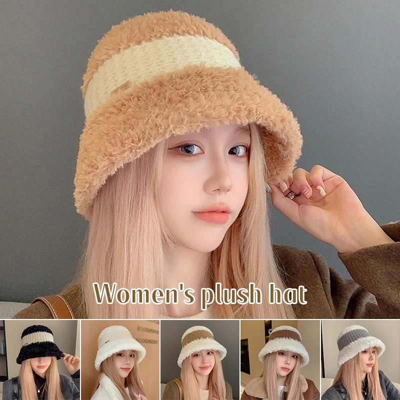 

Women Winter Fluffy Striped Warm Bucket Hat Plush Panama Hat Fashion Casual Outdoor Y2K Fisherman Hat