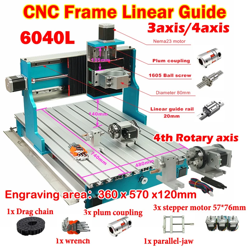 

CNC Router Frame 6040L 3040L Linear Guideway 3axis 4xis for DIY Wood Metal Engraving Milling Machine with 57*76mm Nema 23 Motor