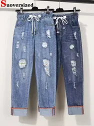 Hole Chic High Waist Oversize 100kg Harem Jeans Korean Casual Streetwear Lace Up Denim Pants Women Vintage Ankle Length Vaqueros