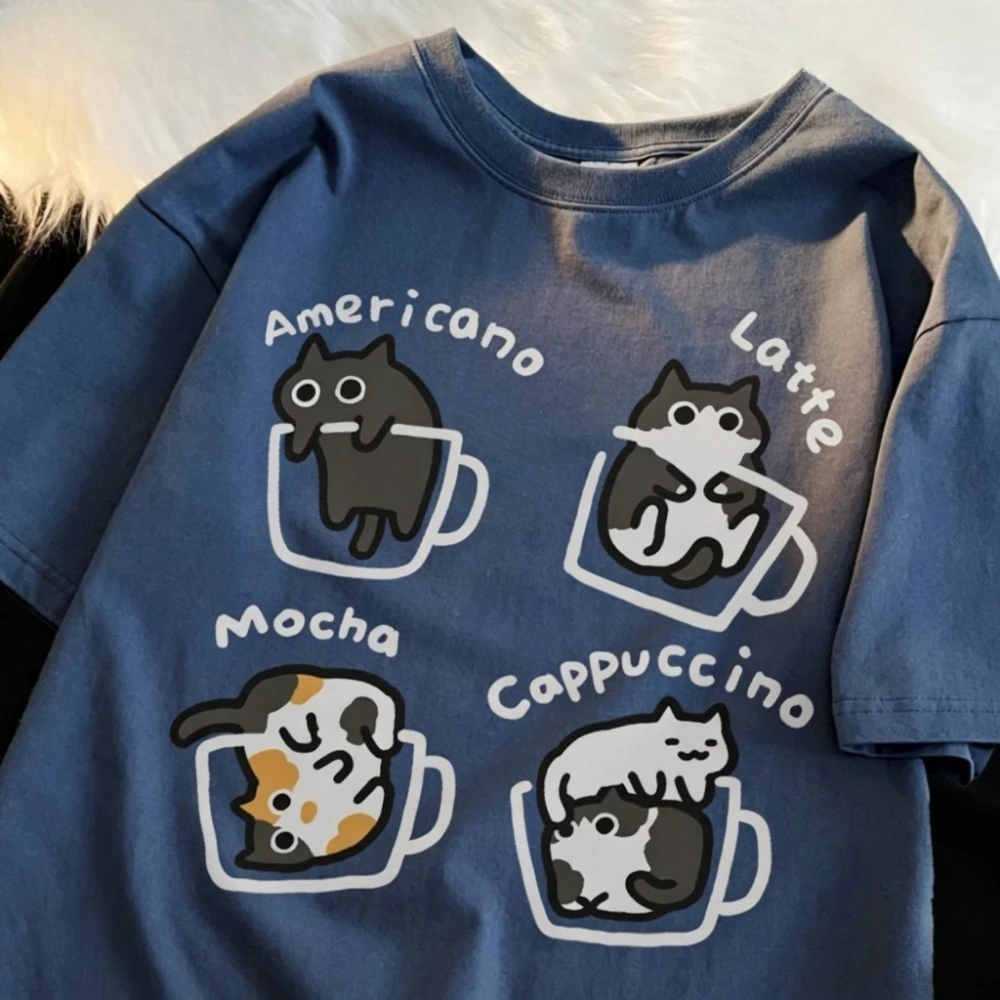 Y2K Fun Cartoon Cat Coffee Pattern 3D Print Breath Quick-Dry Men's Women's T-Shirt Outdoor Leisure Fashion Parent-child Clothing