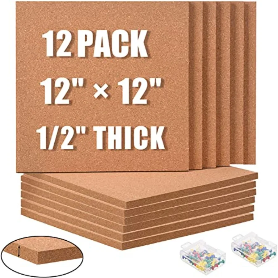 

Набор пробковых досок 12x12 дюймов, толщиной 1/2 дюйма, 12 штук, квадратные настенные доски для заметок с 100 мини-кнопками, самоклеящиеся пробковые плитки