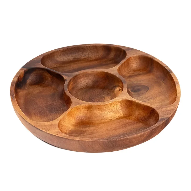 Wooden Divided Serving Trays Food Serving Tray With 5 Dining Grids Round Serving Tray Serving Dishes Perfect For Parties