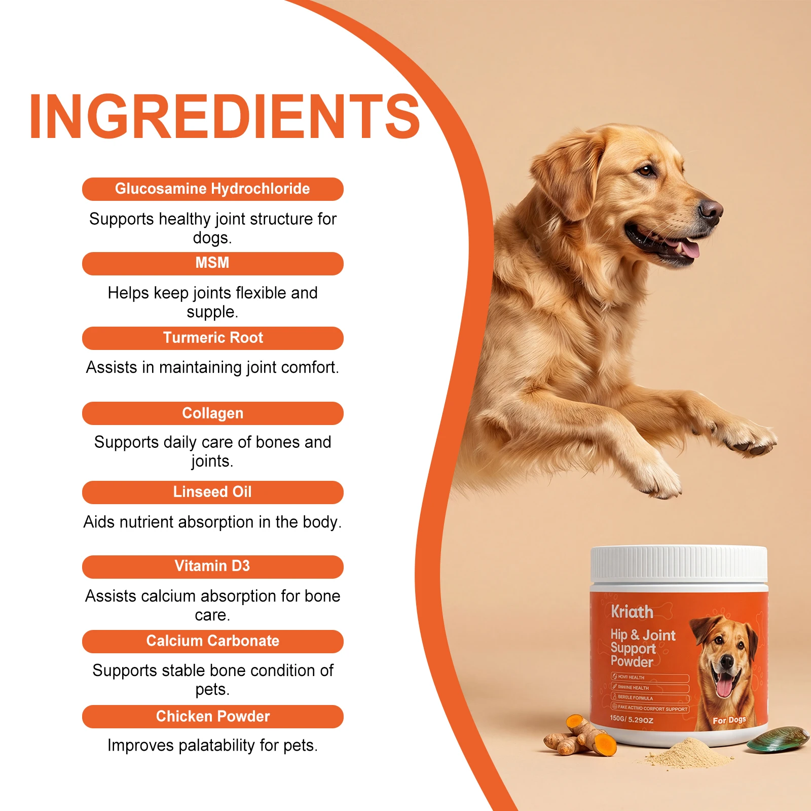 150g Kriath Joint Care Powder for Dogs - keep your pet comfortable, healthy, and protected Supports joint health and flexibility