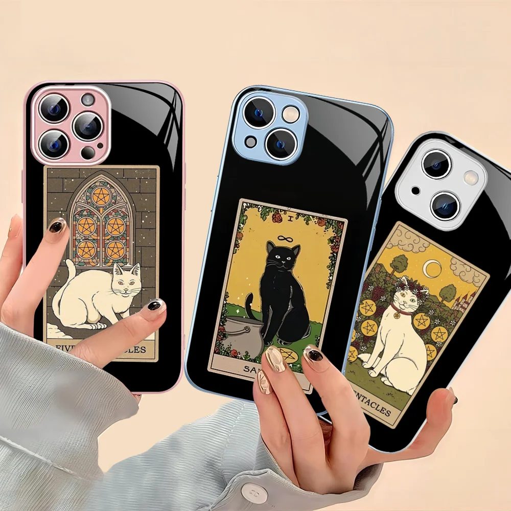 

Witches Moon Tarot Mystery Totem Cat Phone Case For iPhone 14 13 12 Mini 11 Pro XS Max X XR 14 Plus Tempered Glass Cover