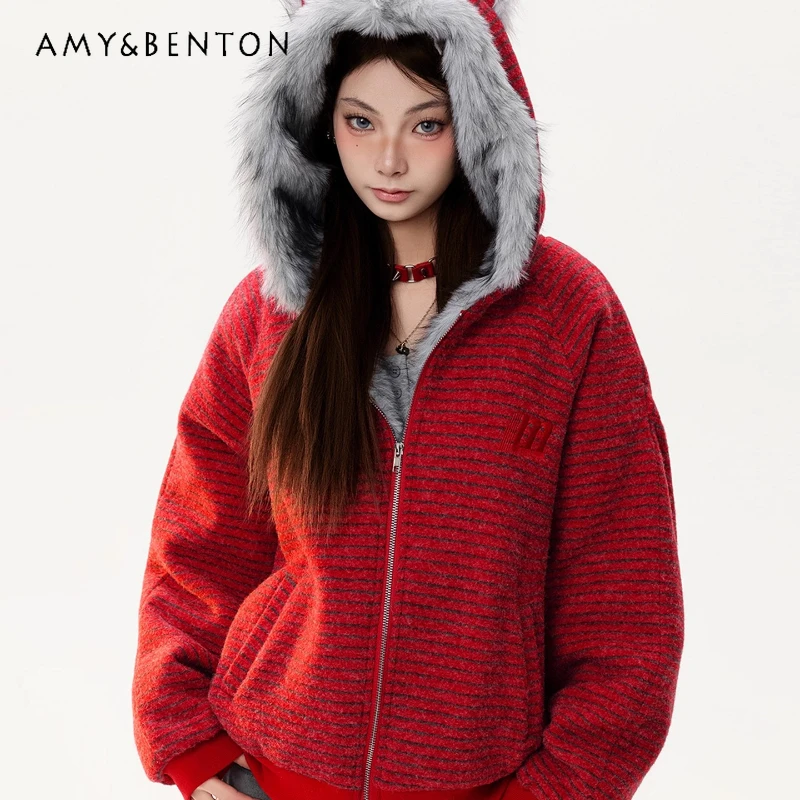 

Vintage Striped Design Hooded Women's Cotton Jacket 2025 Autumn Winter New Fleece Couple Sweatshirt Style Keep Warm Coats Ladies