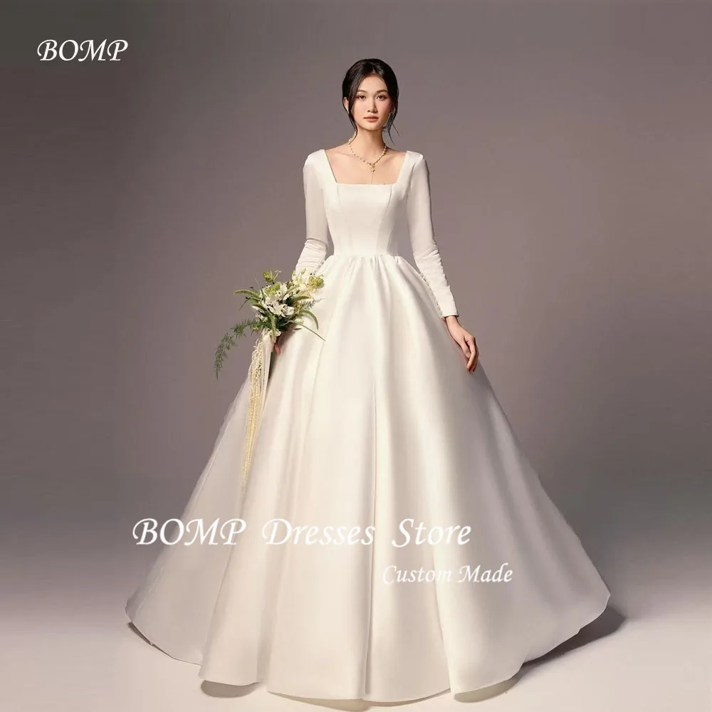 BOMP Simple Thick Satin A Line Formal Wedding Dresses Long Sleeves Square Neck Floor Length Bridal Gowns Photo shoot Customized