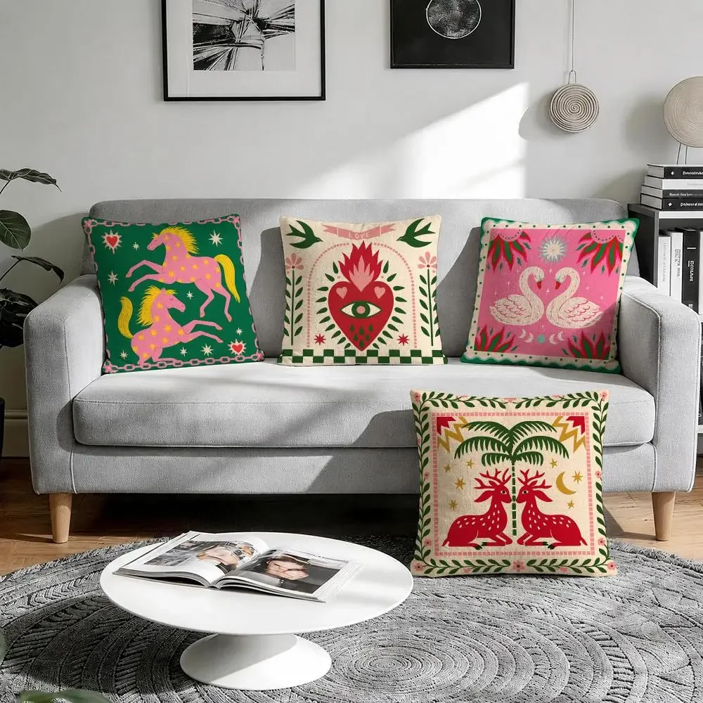 Green Pink Eclectic Animal Cushion Cover Natural Breathable Durable Linen Printed Decor Pillow Case Sofa Bedroom