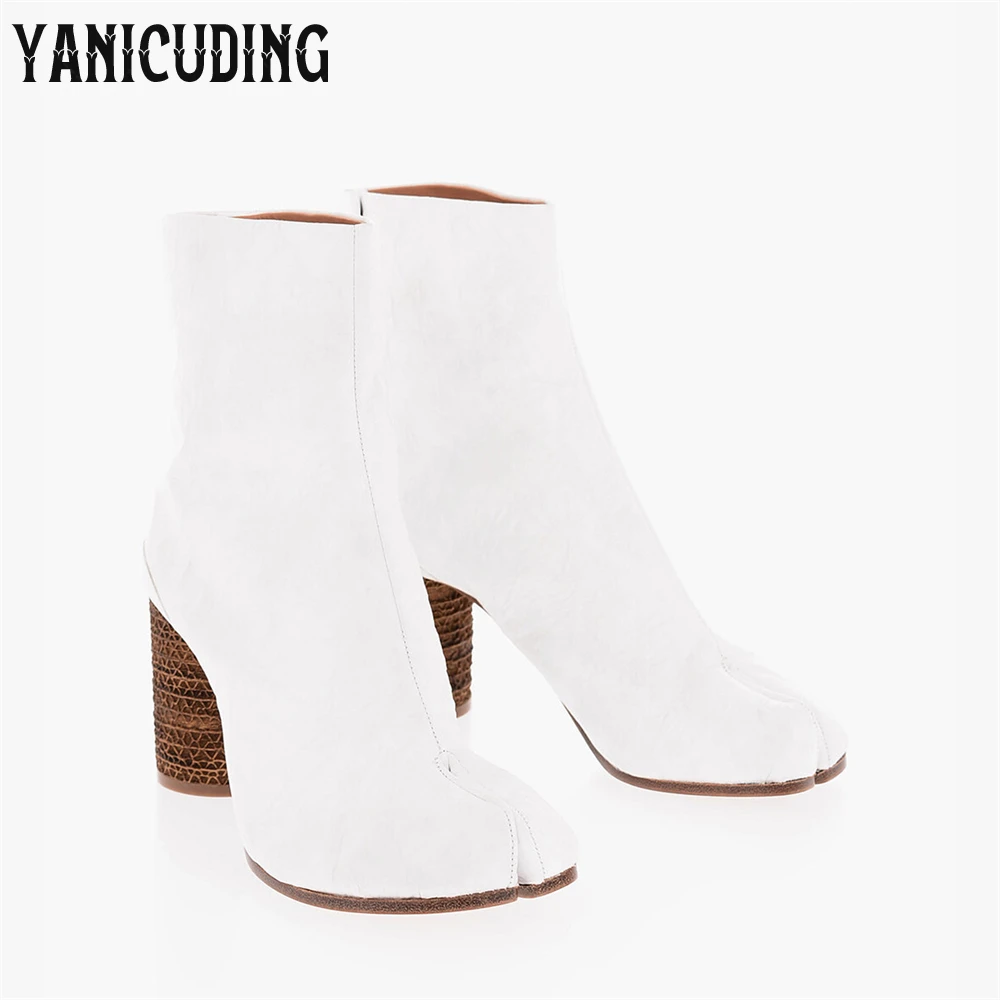 

Cylindrical Heel Pleated Tabi Booties Novelty Designer Style Handmade Boots Split Toe Fashion High Heeled Buckle Boots for Women