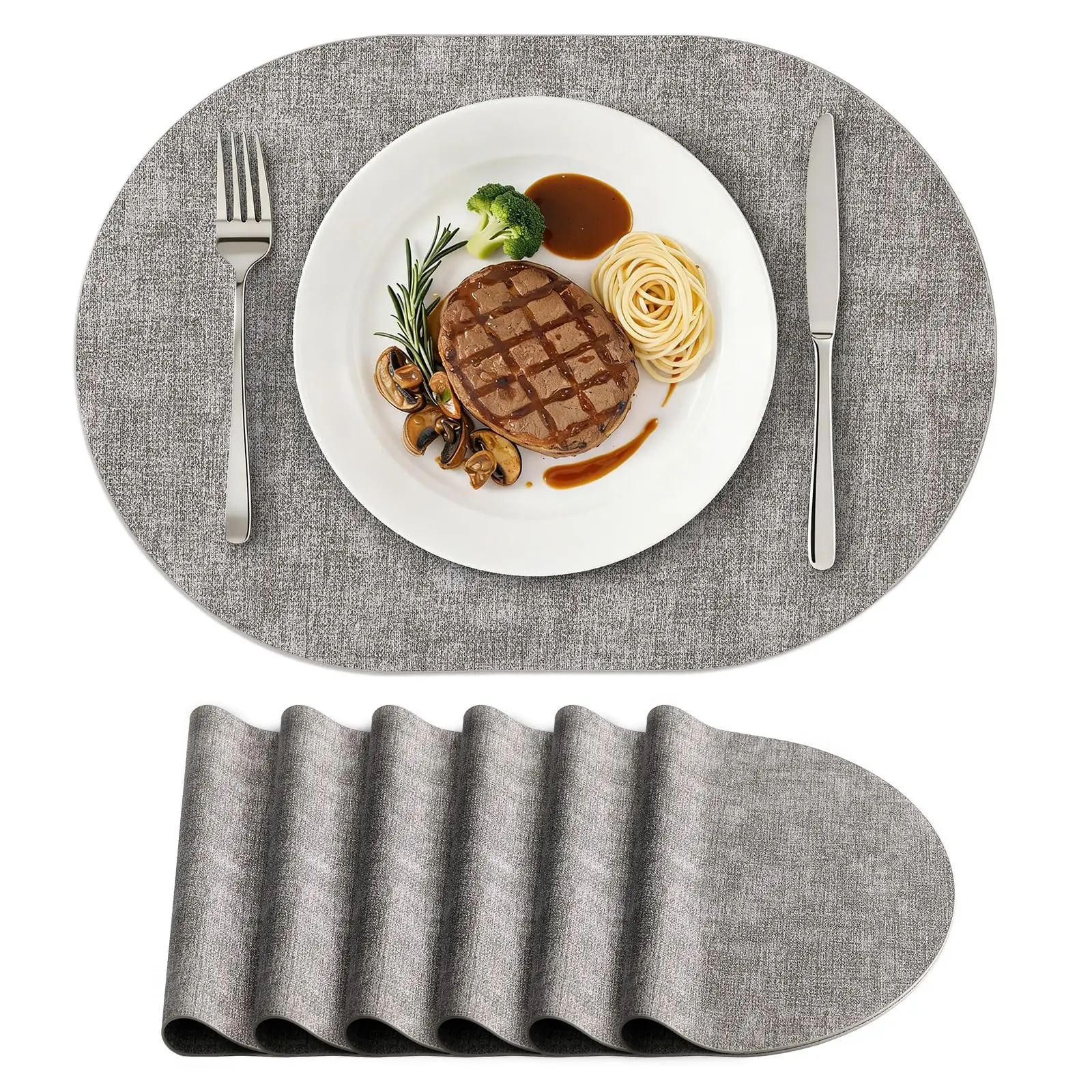 

Heat Resistant Oval Faux Leather Place Mats 11.8 x 17 Inch, Waterproof Wipeable Reversible PU Placemat for Kitchen Dining Table